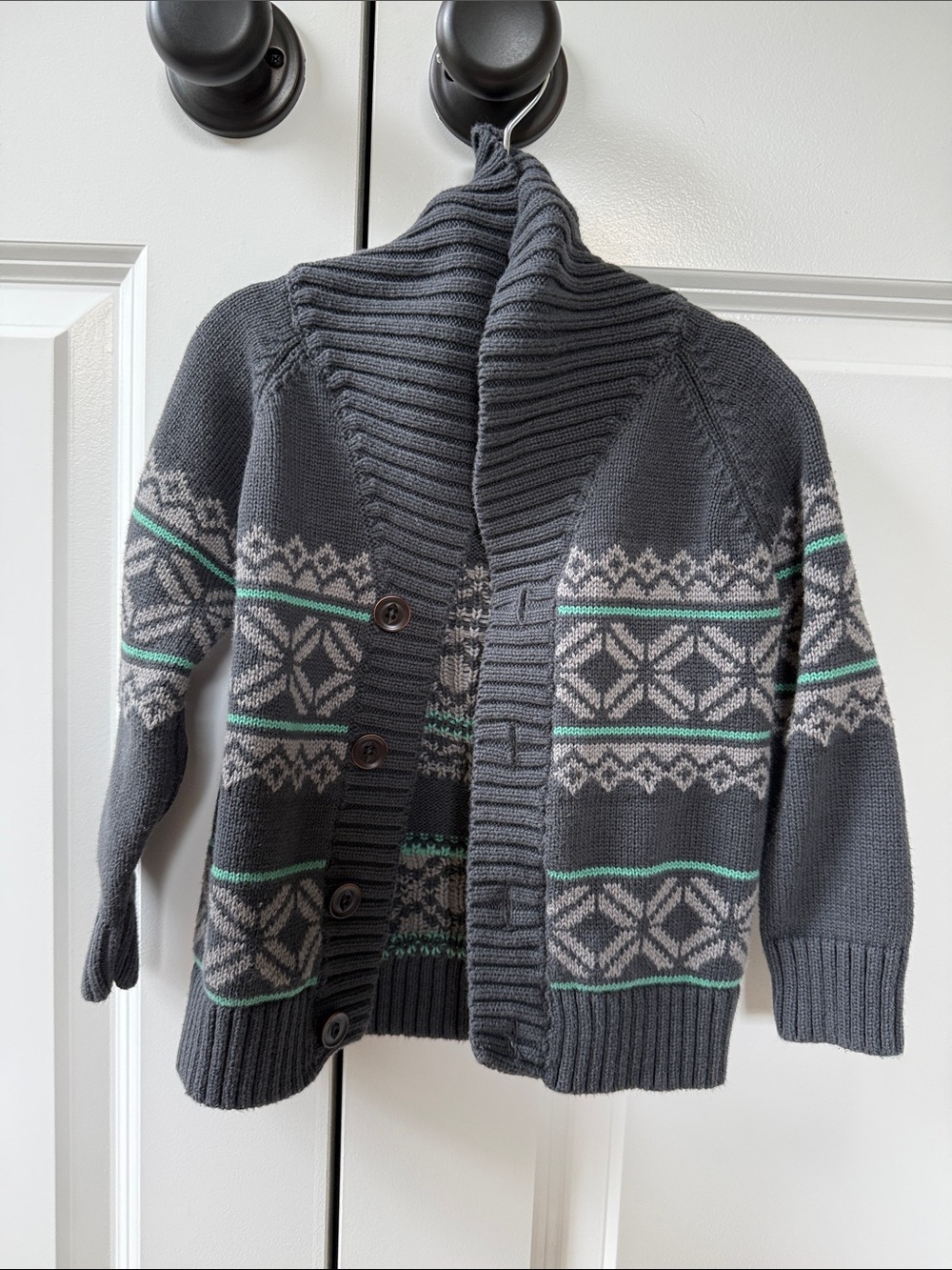 OshKosh B'gosh Charcoal Gray Fair Isle Shawl Cardigan with Mint Stripes